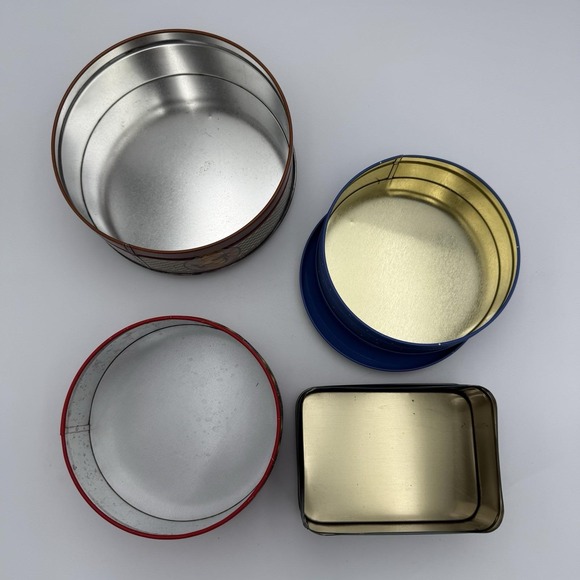 4 Vtg Christmas Metal Cookie Candy Tins Round MCM Santa Bear Toy Winter Snow - Picture 4 of 14